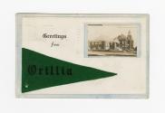 Small picture of library and City Hall set in white background with green flag saying Orillia. 