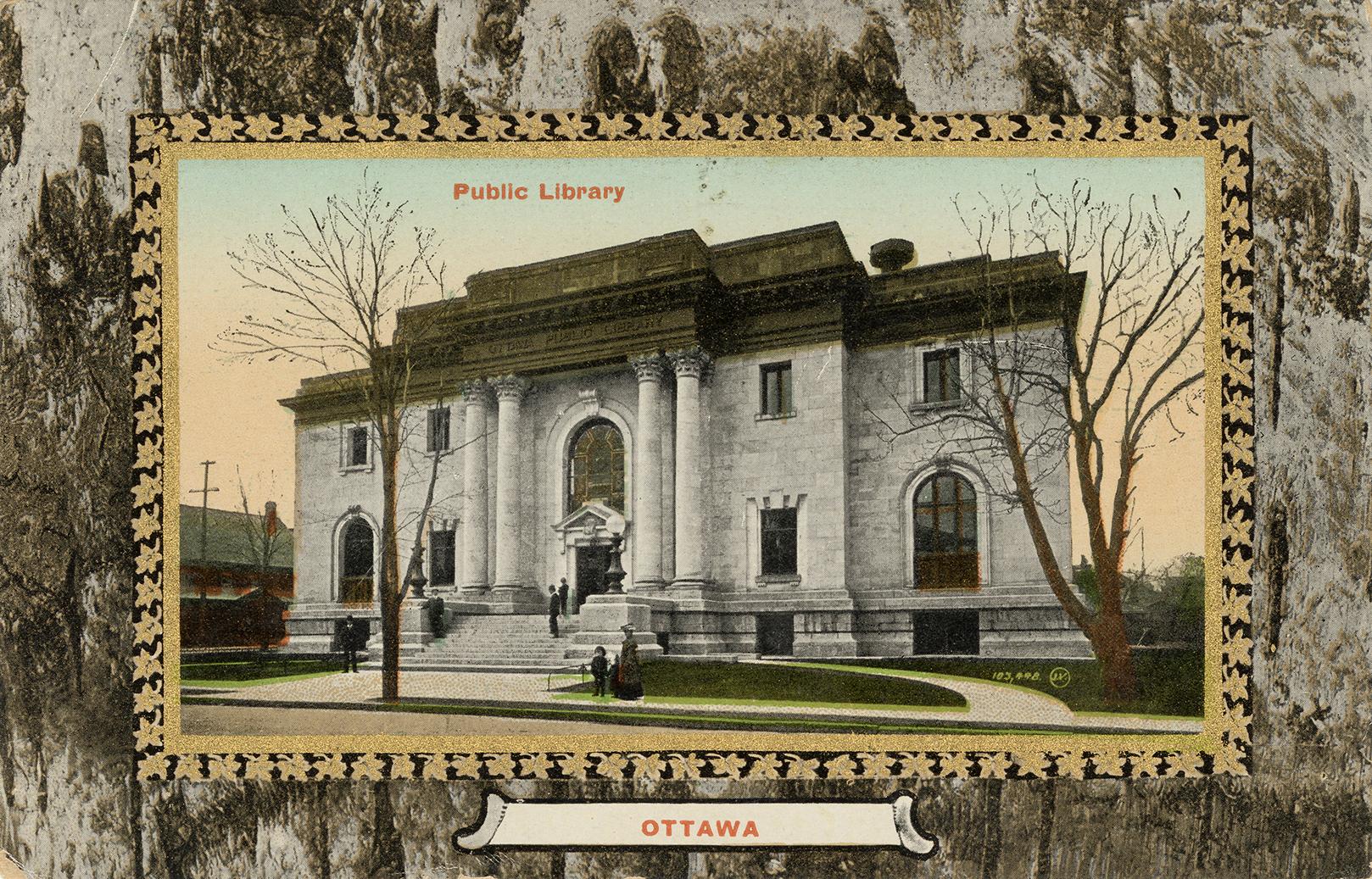 Picture of large two storey public library building with pillars with grey and gold border. 