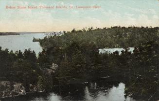 Colorized photograph of tree covered islands in the middle of a body of water.