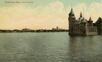 Colorized photograph of a body of water with a castle structure jutting out at the right hand s ...