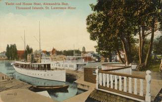 Colorized photograph of a boat moored at a wooden dock beside a fence lined island.