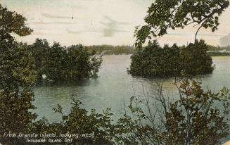 Colorized photograph of trees in covering islands in the middle of a waterway.