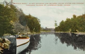 Colorized photograph of trees in covering islands in the middle of a waterway. A man is sitting ...