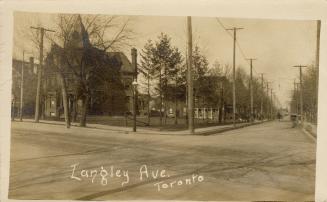Sepia-toned postcard depicting the intersection of Langley and Broadview Avenues with the capti ...