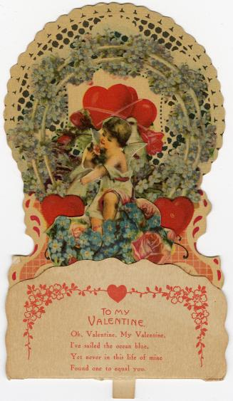 A pop-up card.Foreground: A cherub sniffs a small pink flower while sitting in a large bouquet. ...