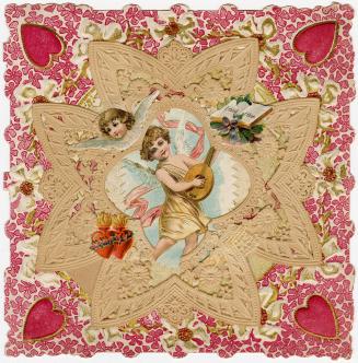 The centre of the card contains an image of a cherub playing a lute. It is framed by lace decor…