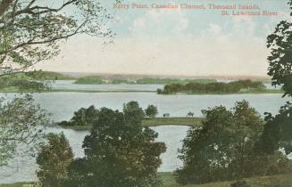 Colorized photograph of islands within a large river.