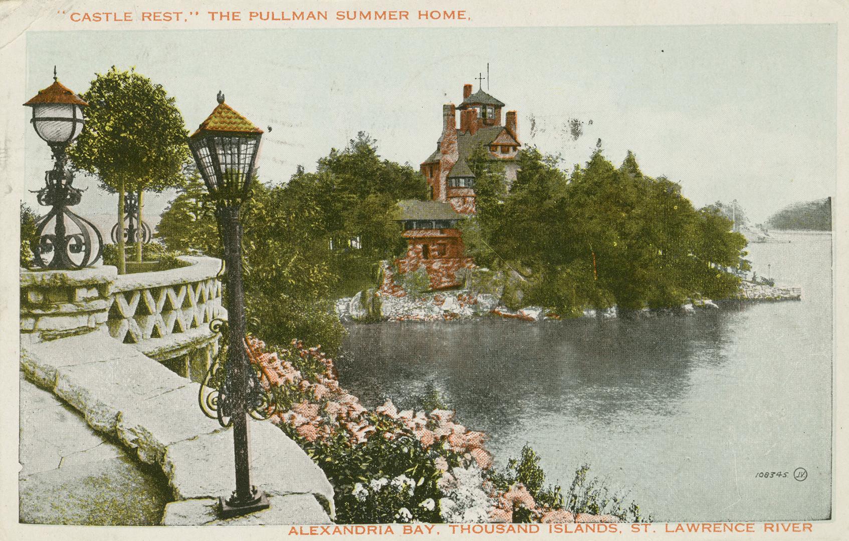 Colorized photograph of a large home on an island in the middle of a river taken from a terrace…