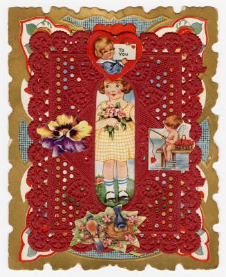 On the front is a red rectangular doily with a centre oval cutout showing a girl holding bouque ...