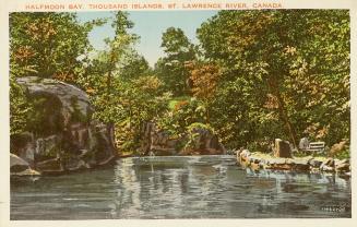 Colorized photograph of a river with a rocky shoreline.