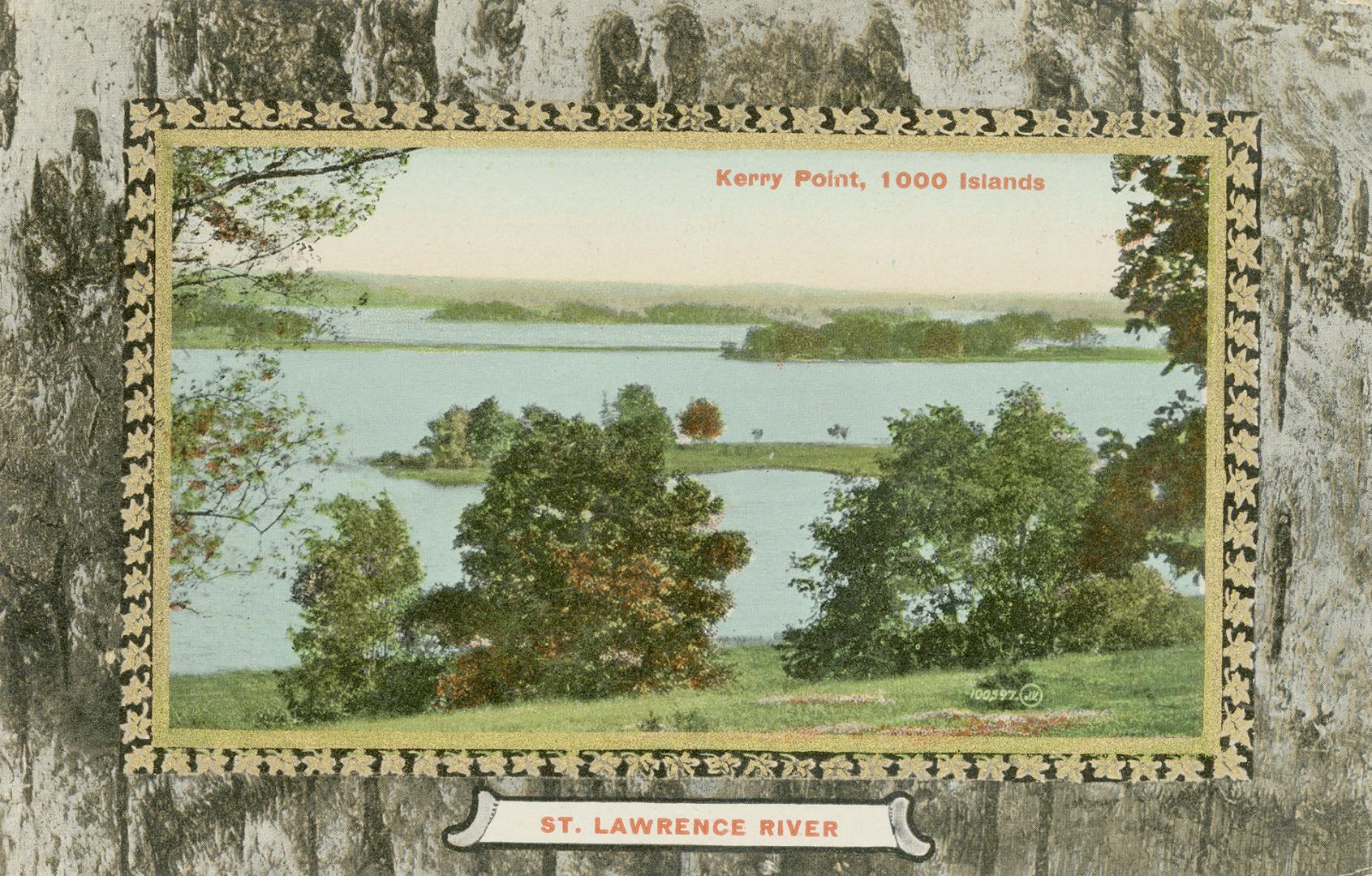 Colorized photograph of an islands within a large river. Picture is framed in birch bark.