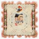 A folded lace card.The front depicts two children. The girl holds a book. They are framed by la ...