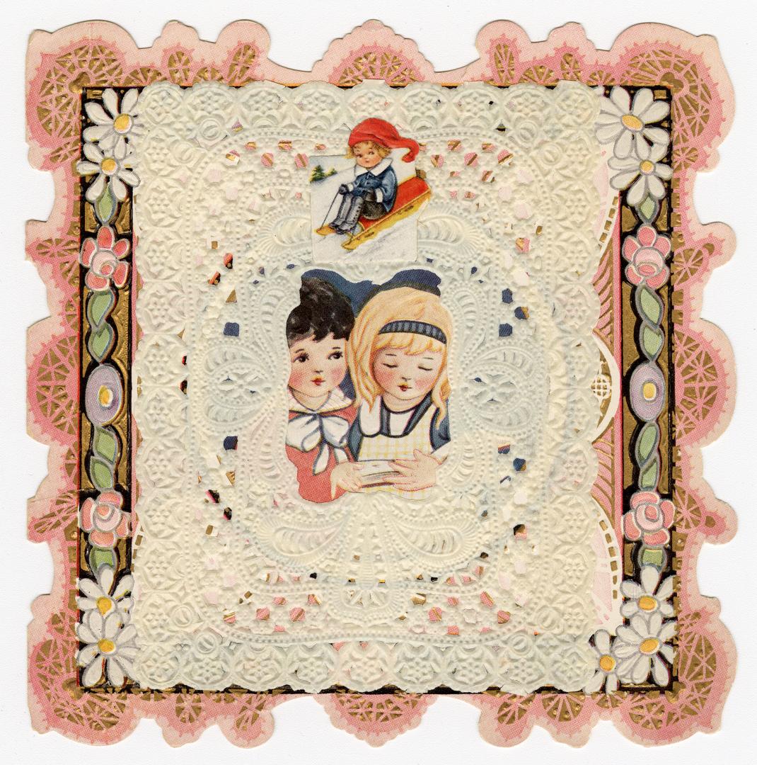 A folded lace card.The front depicts two children. The girl holds a book. They are framed by la ...