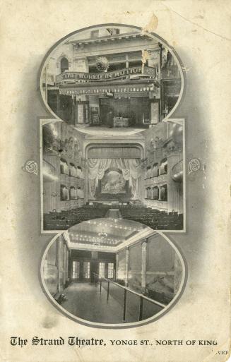 Black and white postcard depicting 3 photos: the exterior of the theatre with signage "The Worl ...