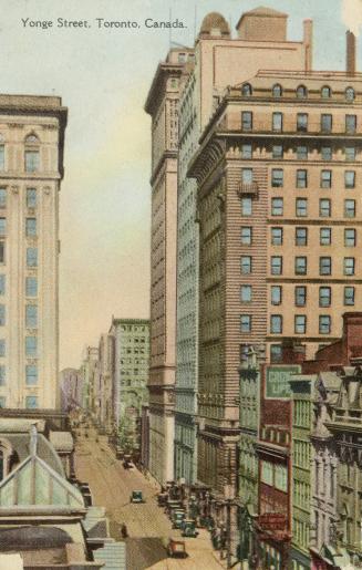 Colour postcard depicting an illustration of a view of Yonge Street looking north from Wellingt ...
