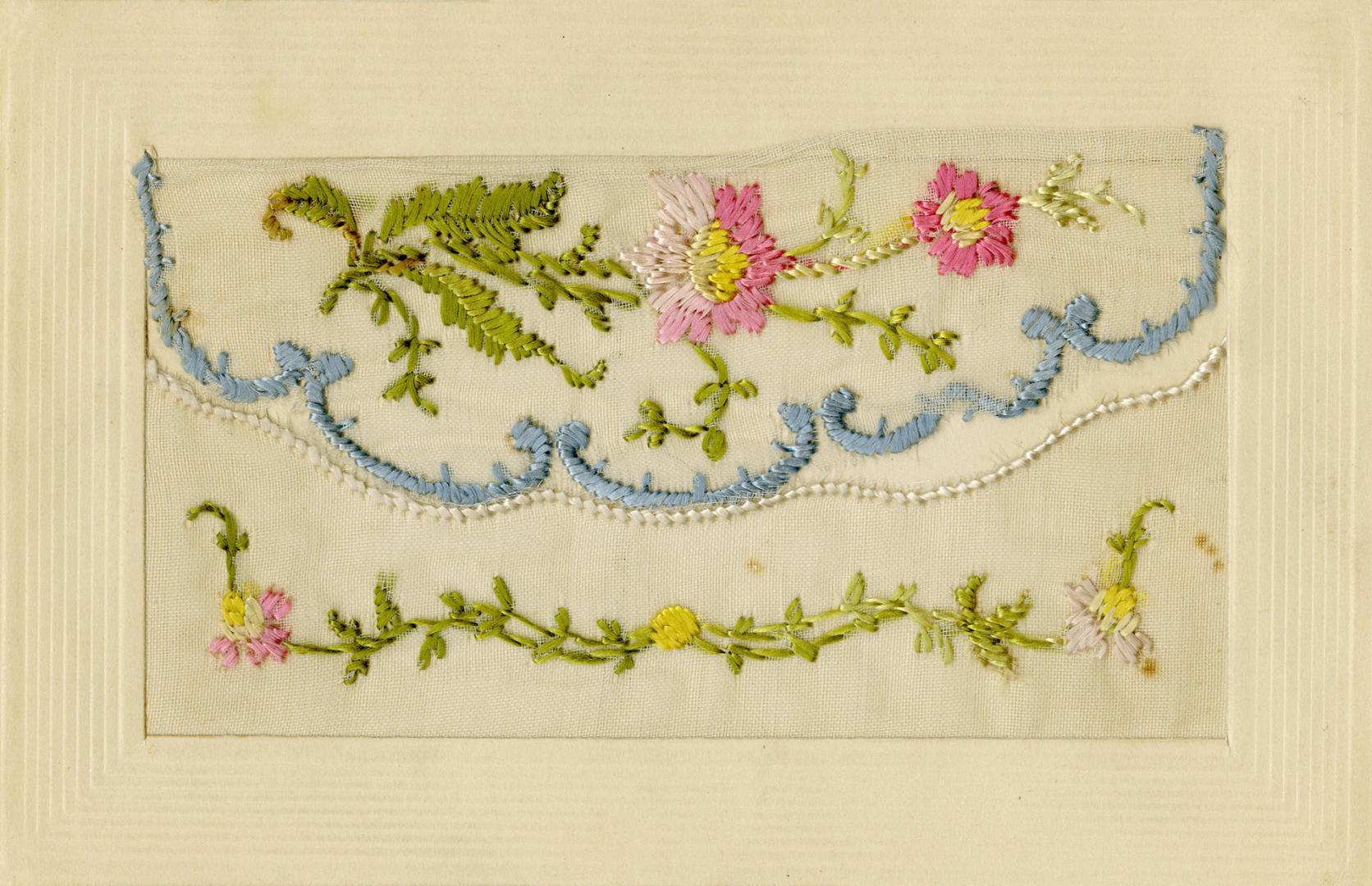 Silk embroidery of a stem of pink flowers.