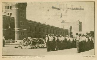 Sepia toned photograph of men in civilian clothes lined up in front of a canon which is in fron…