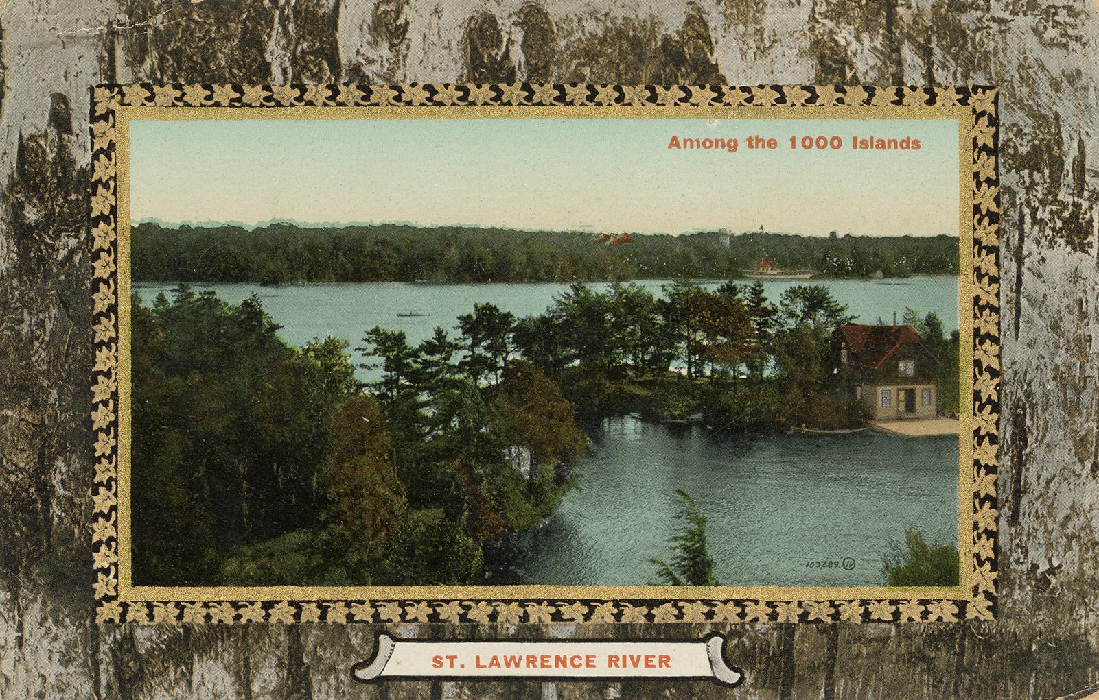 Colorized photograph of a house on an island at the edge of a wide river. Picture is in a bark  ...