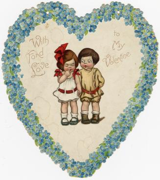 A boy and girl stand beside each other holding hands. The card is heart-shaped with a white bac ...