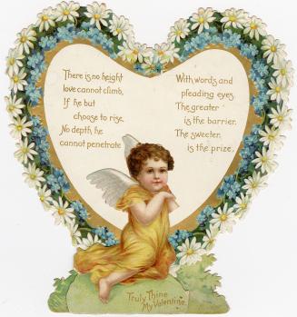 A pop-up card. It sits quite flat and has 2 layers.Foreground: A cherub holds 2 hearts.Backgrou ...