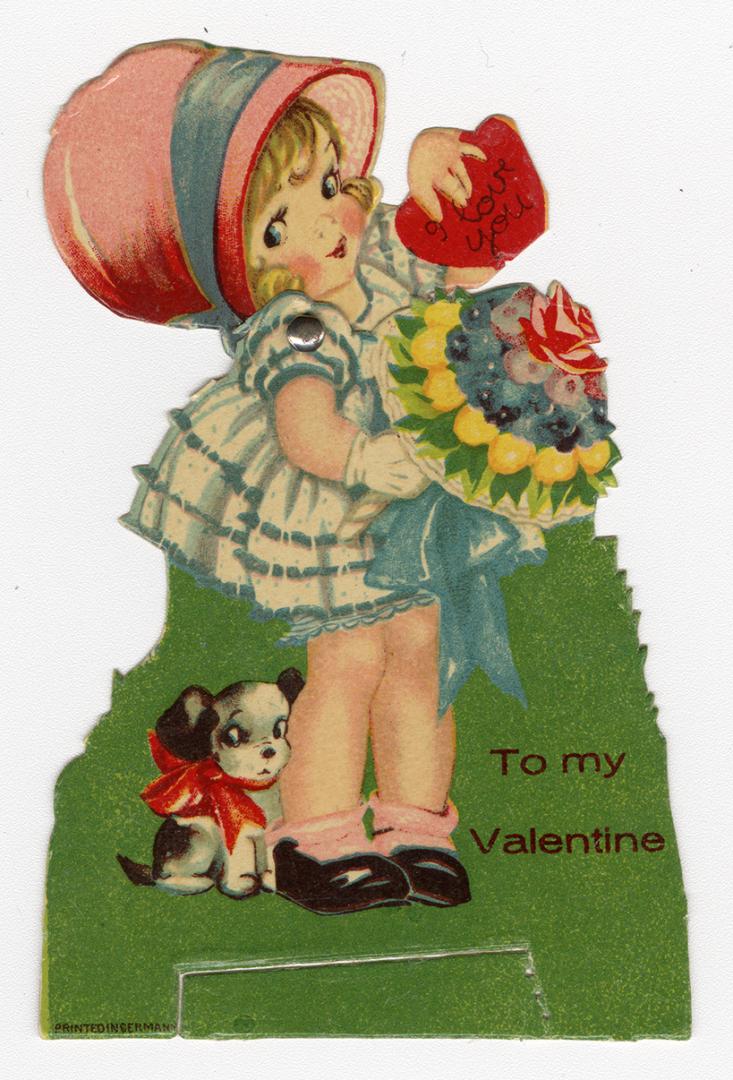 A mechanical card. A girl holds a bouquet of flowers in her right hand. Pulling on her hat brin ...
