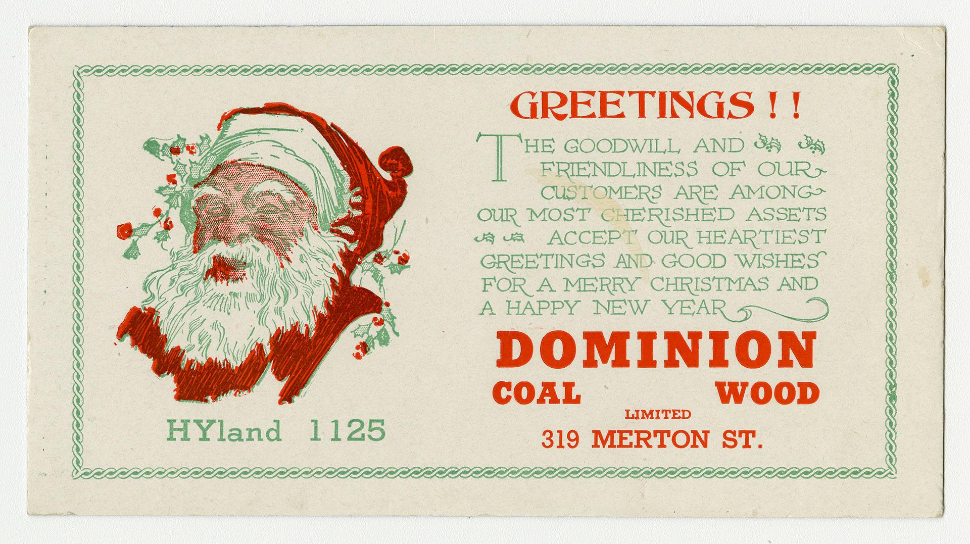 Illustration of Santa Claus' head, with sprigs of holly. 