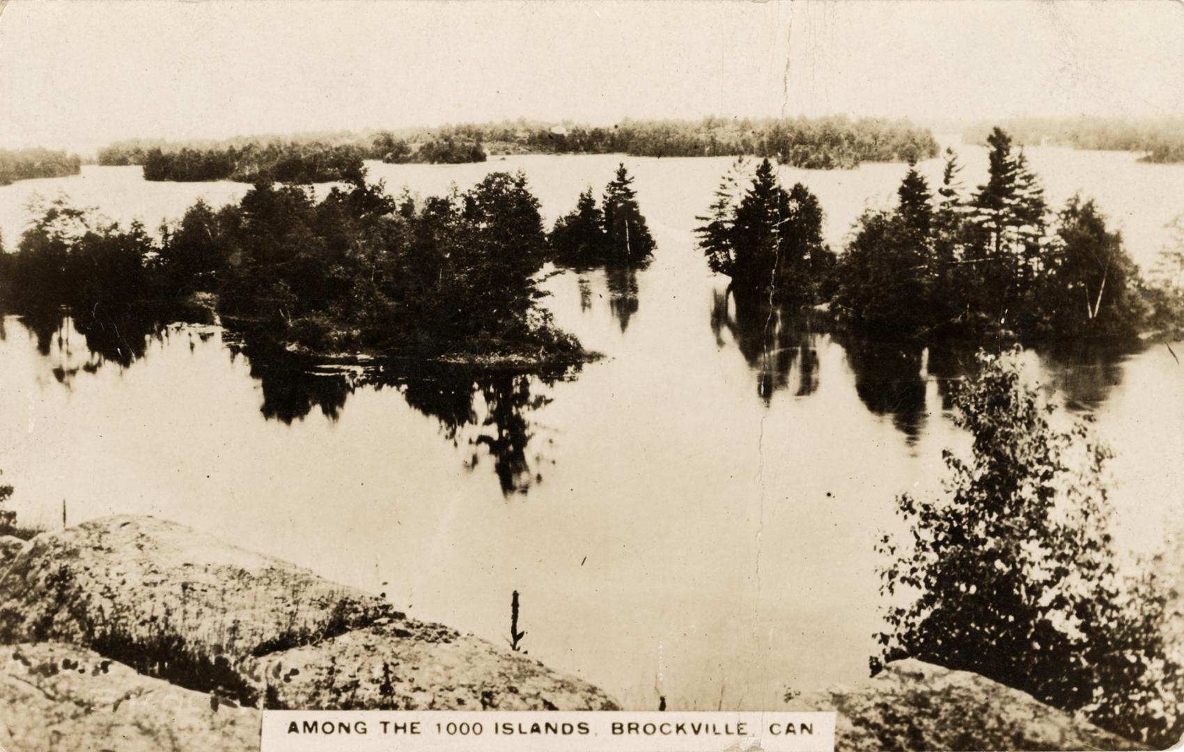 Black and white photograph of Islands in the middle of a river, 