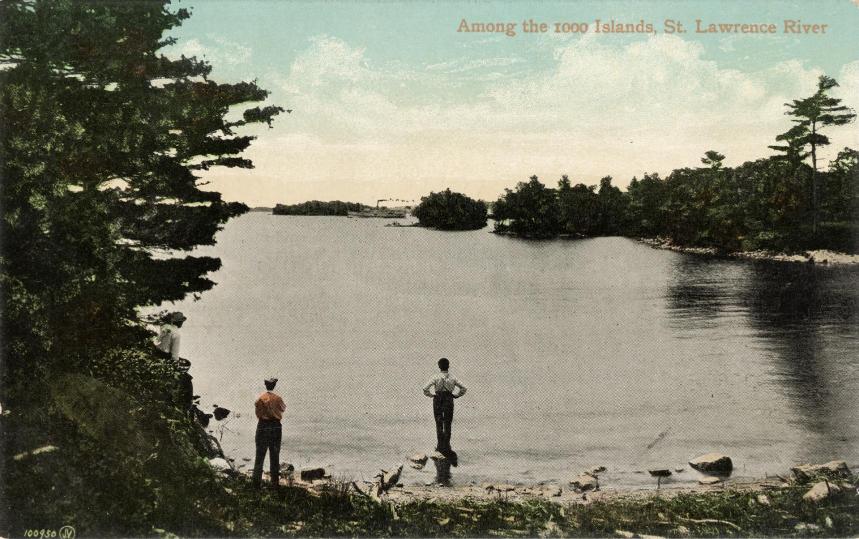 Two men standing on a shoreline watching a steam ship in the distance.