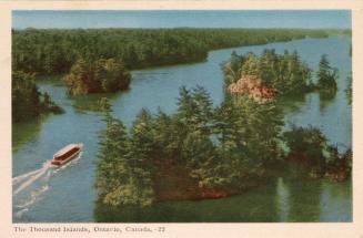 Colorized photograph of a boat cruising up a river with many islands in it.