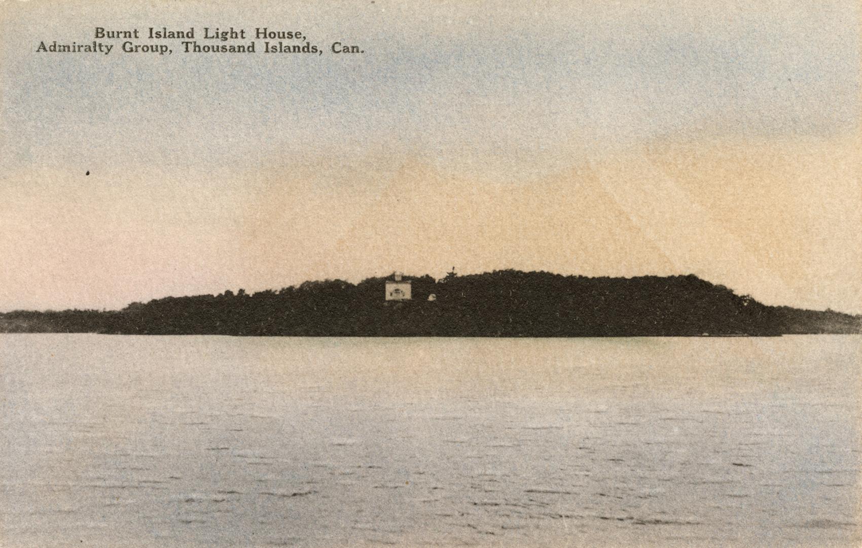 Colorized photograph of a small structure on an island in the middle of a river.