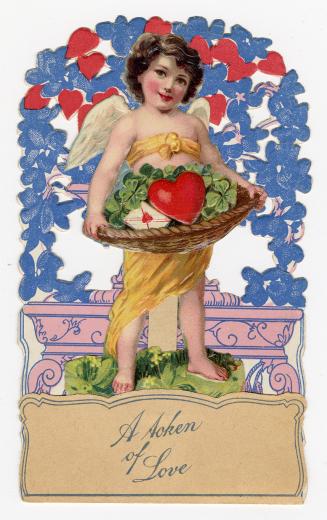 A pop-up card.A cherub holding a basket with clover, a heart, and a valentine envelope. Printed ...