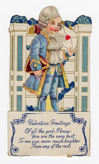A pop-up card.A person in a blue frock coat is shown holding an envelope with a heart on it.