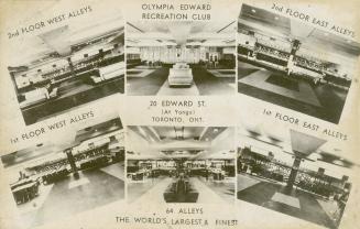 Black and white photo postcard depicting six interior views of the bowling alley at 20 Edward S ...