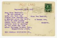 Colour postcard depicting a 4-story building with a rooftop sign "Bedell's" and the side and fr…