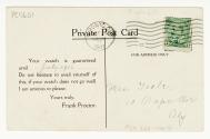 Black and white photo postcard depicting three images (two internal, one storefront photo) of a…