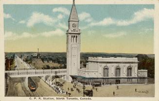 Colorized drawing of a large public building with a central clock tower,