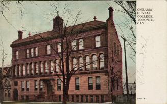 Colorized photograph of a three story collegiate building,