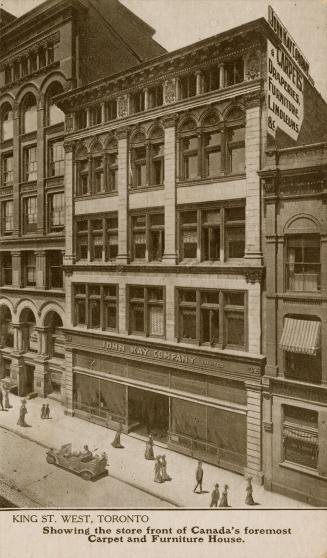 Colorized photograph of a seven story skyscraper.