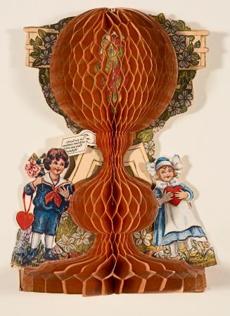 A pop-up card.The card opens into an "accordion" column, flanked by a boy and girl. The boy hol ...