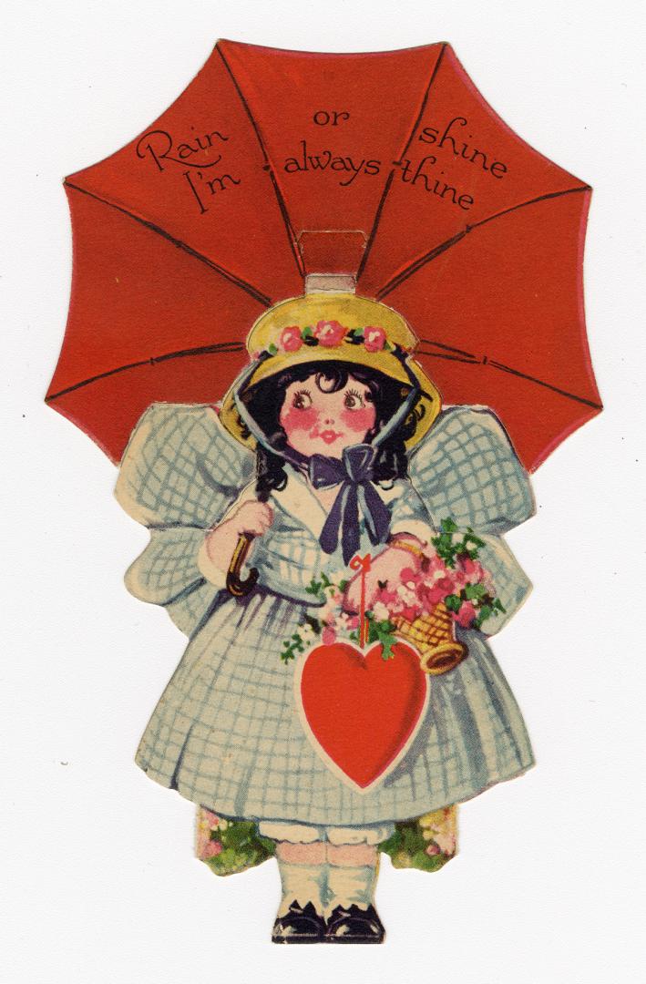 A mechanical card. A girl is pictured with an umbrella and a heart.