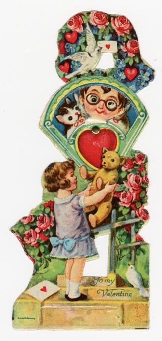 A mechanical card.A young girl stands on some steps holding a teddy bear. At her feet are a car ...