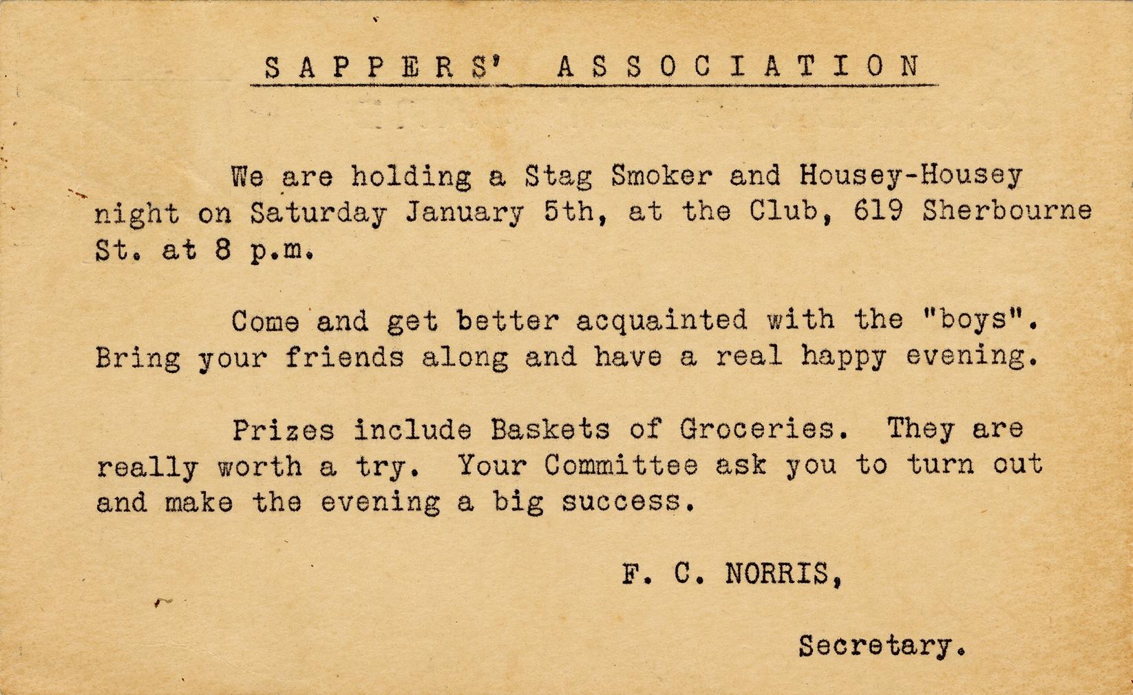 Postcard from the Sappers' Association (F.C. Norris, Secretary) to J.A. Shephard at 23 Gordon S ...