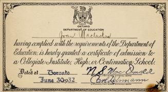 Certificate awarded to Joan Maclachlan. N.S. MacDonald (Secretary, High School Entrance Board), ...