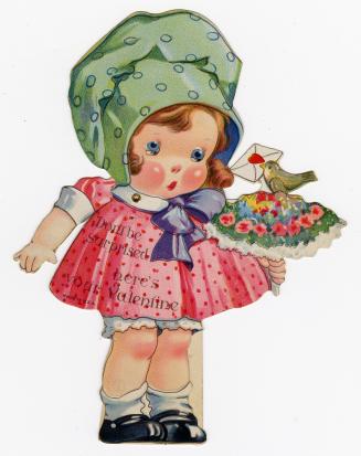 A mechanical card. A young girl in a pink dress and green hat holds a bouquet of flowers. Pulli ...
