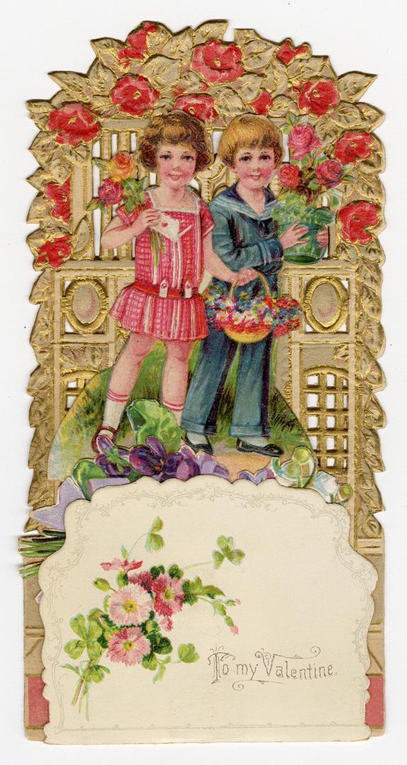 A pop-up card with two layers.Foreground: A boy and girl stand on a path holding flowers.Backgr ...