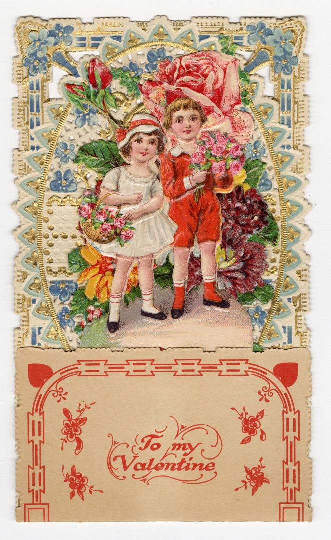 A pop-up card with four layers.Foreground: A girl and boy holding pink roses.Second layer: Red, ...