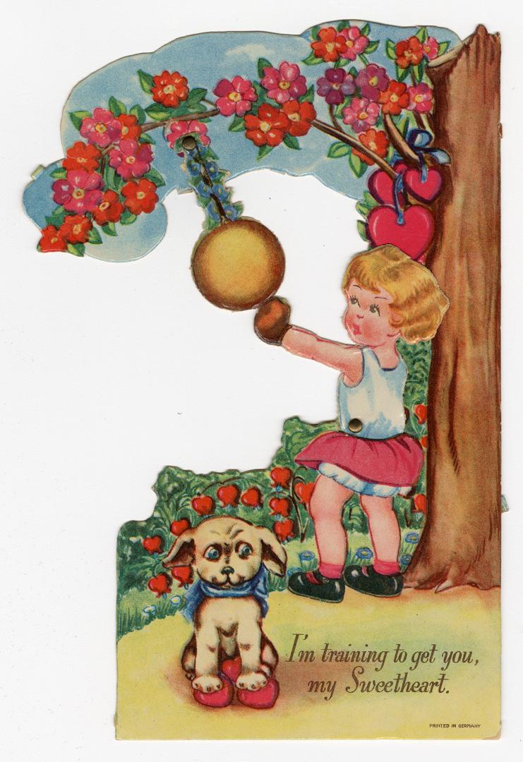 A mechanical card. A girl stands under a fllowering tree with hearts draped on the branches. Ti ...