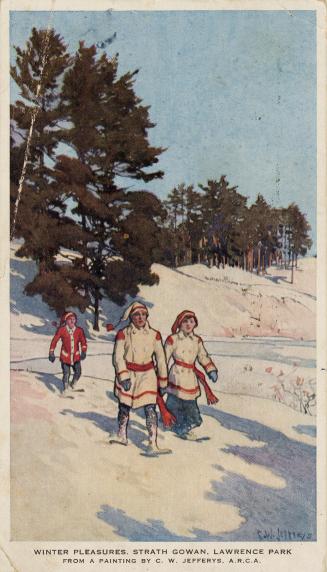 Painting of two men and a woman snowshoeing through a wooded area.