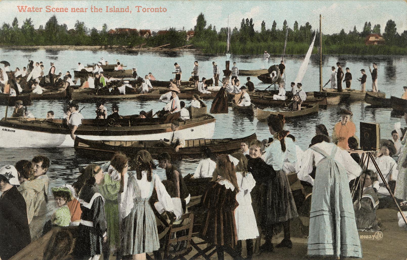 Colorized photograph of crowds of people in row and sail boats with even more people watching o ...