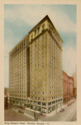 colorized photograph of a large, multi story commercial building